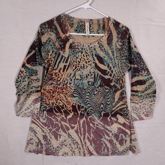 Cubism Abstract Animal Print Top Womens Medium Multicolor Perforations Shirt - Picture 8 of 14